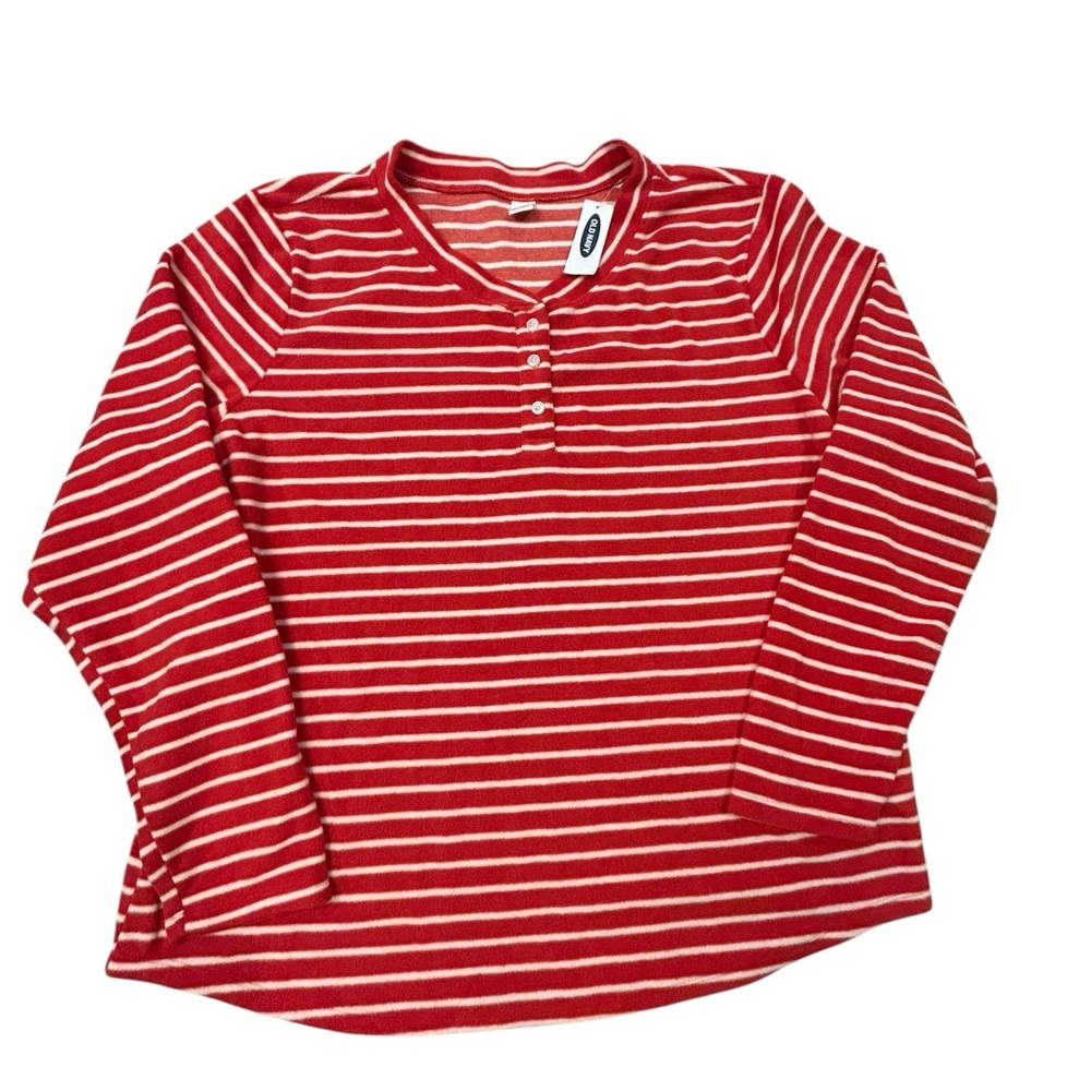 Old Navy Red and White Striped Fleece Henley Soft‎ Top Women’s Large NWT